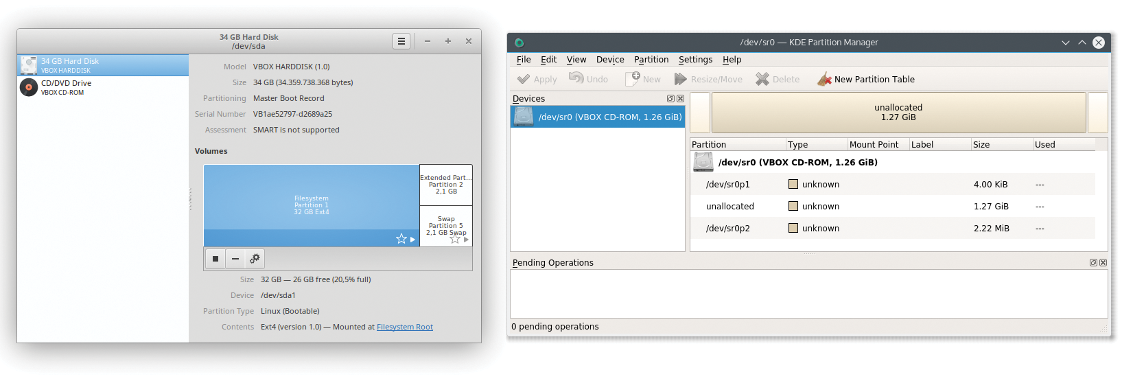 Gnome Disks (bottom right) and the KDE Partition Manager (top left). Gnome Disks (bottom right) and the KDE Partition Manager (top left).