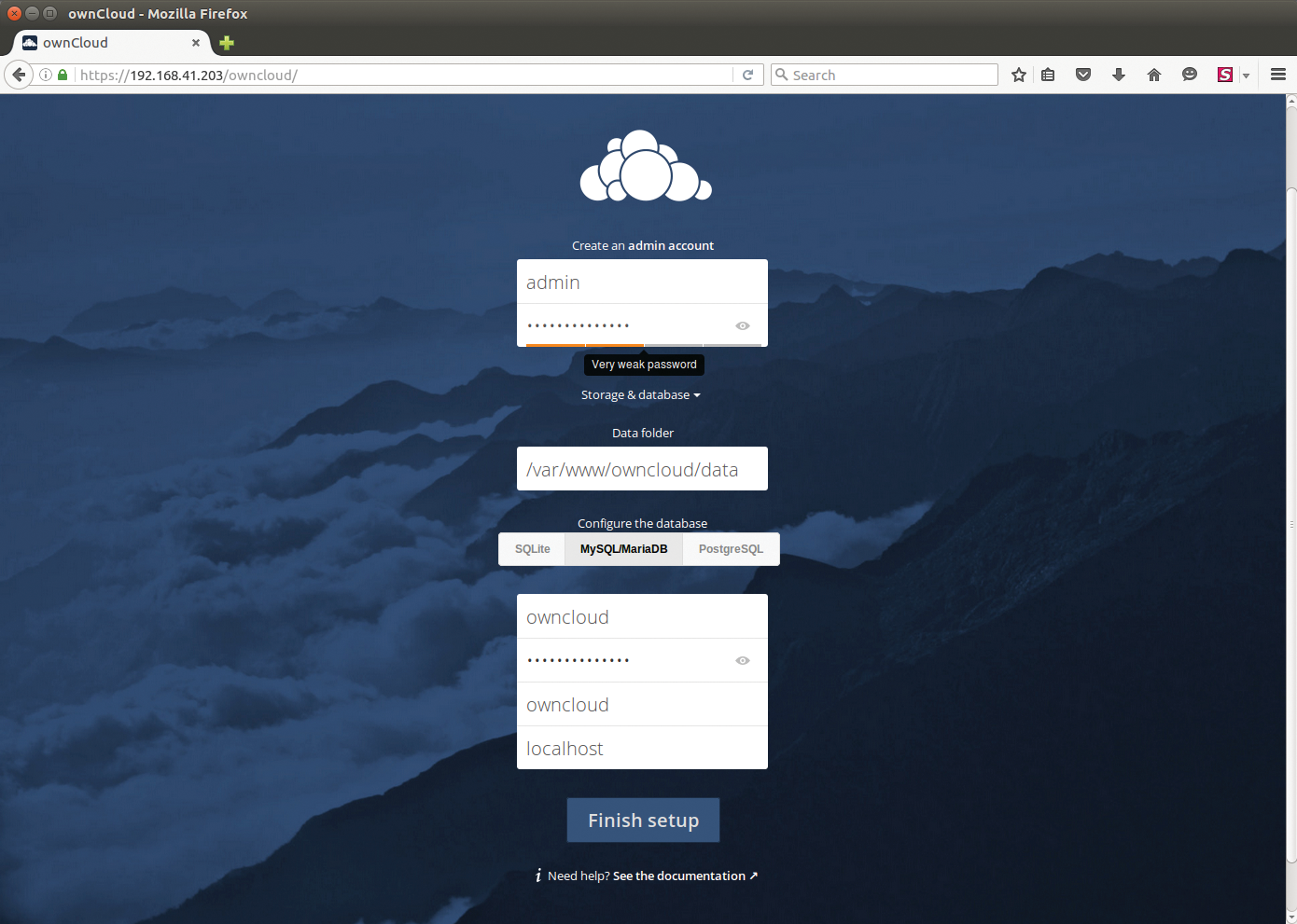 The initial configuration of ownCloud defines the username and the password of the admin user and lets you configure the database. The initial configuration of ownCloud defines the username and the password of the admin user and lets you configure the database.