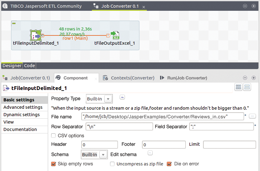 The completed converter generates an Excel file from a CSV file. The completed converter generates an Excel file from a CSV file.