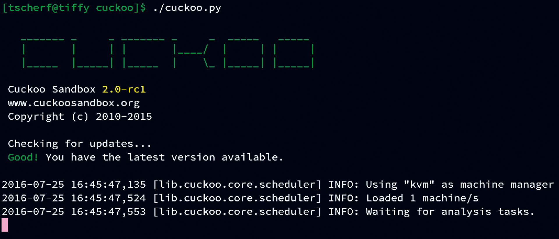After the ASCII art welcome message, Cuckoo waits for incoming malware analysis jobs. After the ASCII art welcome message, Cuckoo waits for incoming malware analysis jobs.