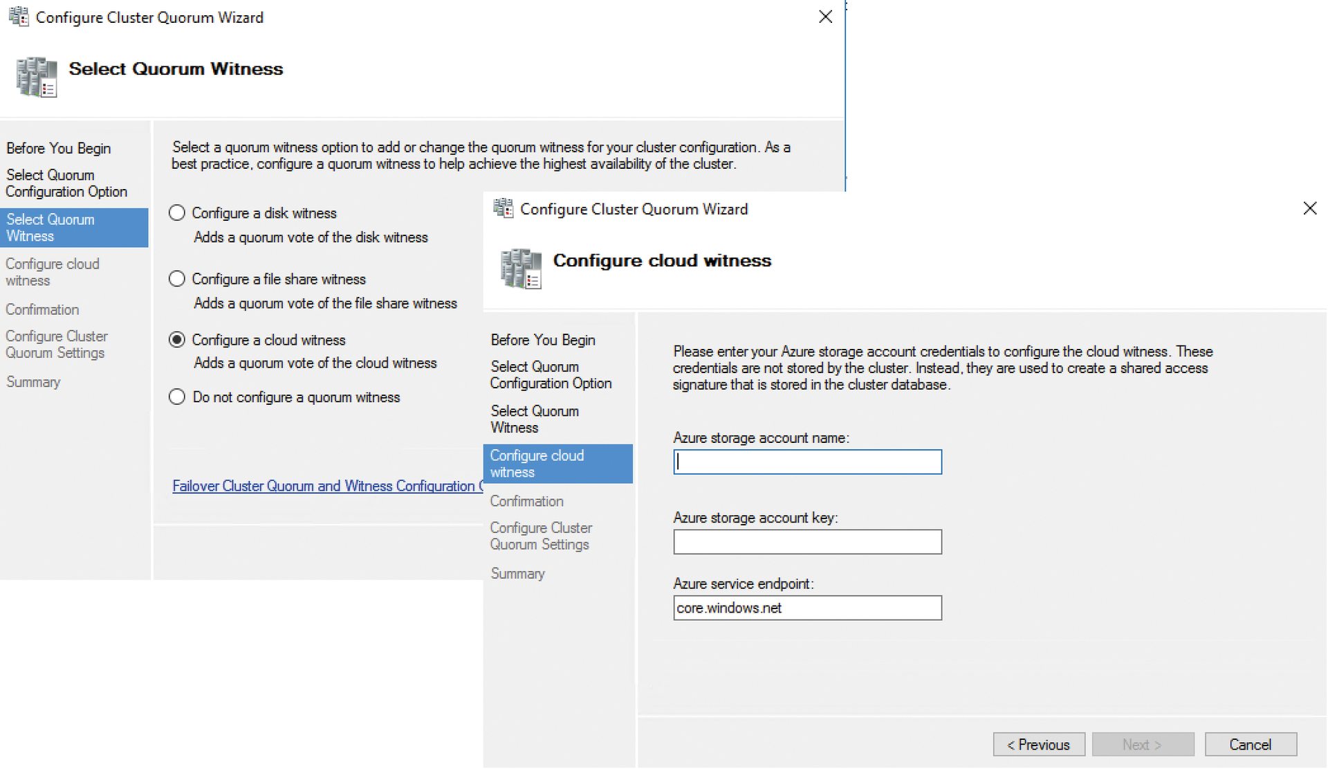 In Windows Server 2016 failover clusters, the cluster witness now can be provided in Microsoft Azure. In Windows Server 2016 failover clusters, the cluster witness now can be provided in Microsoft Azure.